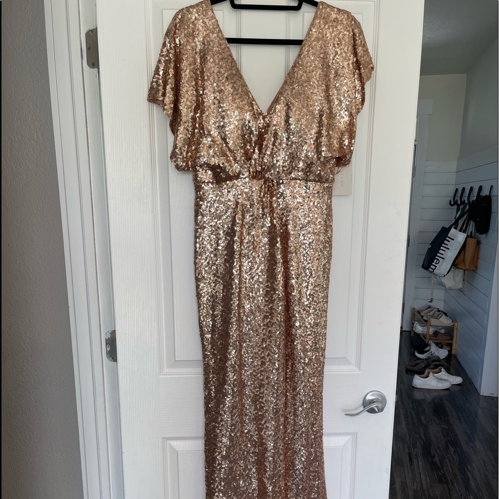REVELRY: Gwen Sequin Dress in Rose Gold. Size 10. NEVER WORN. Has tags